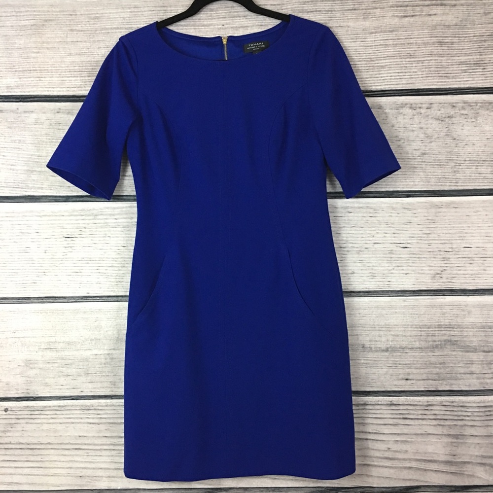 Tahari Sheath Dress Pockets Blue Gold Zipper 4P